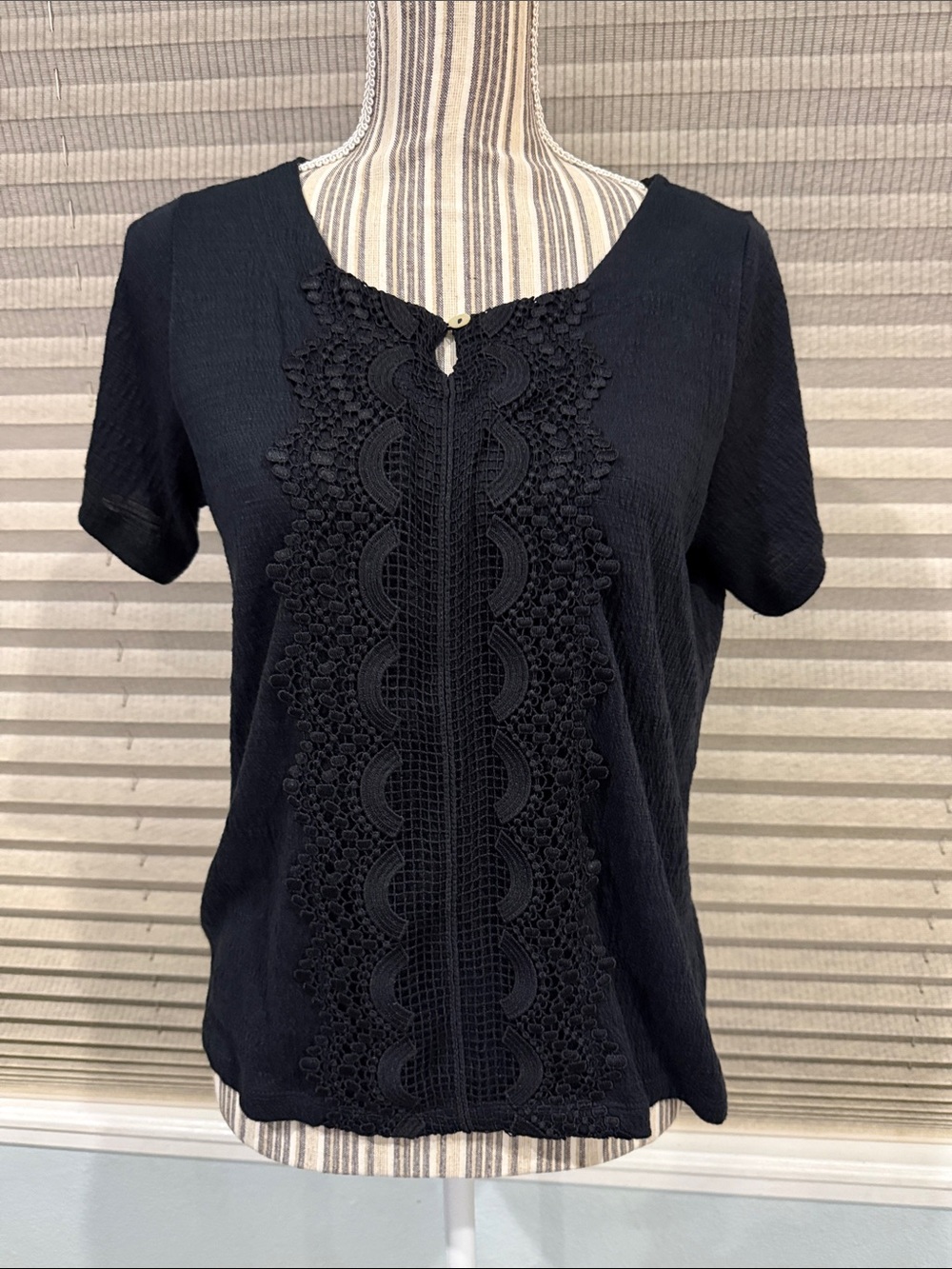 Ladies Black Short-Sleeve Blouse with Crochet Front Detail